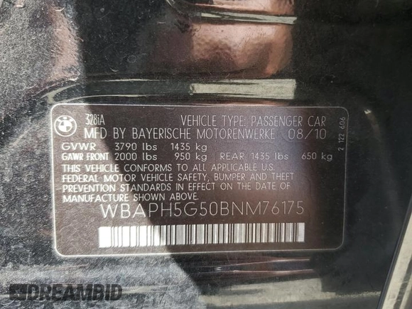 2011 BMW 3 Series 328i with VIN WBAPH5G50BNM76175, listed as a Copart auction lot 53102645 with 89,187 mi miles and Salvage Title. Bid and sale history available at carsss.com. Image 12.