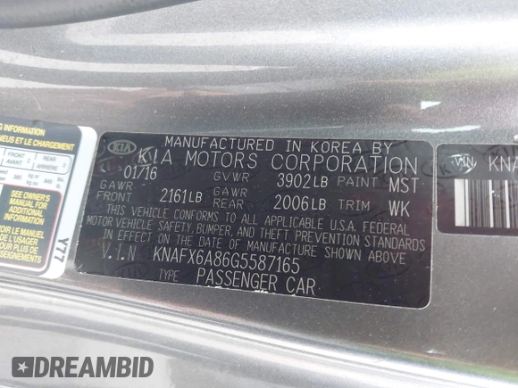 2016 Kia Forte EX with VIN KNAFX6A86G5587165, listed as a IAAI auction lot 42173639 with 154,200 mi miles and . Bid and sale history available at DreamBid. Image 9.