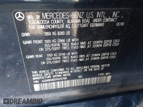 2000 Mercedes-Benz M 320/430/500 z VIN 4JGAB54E5YA172706, wystawiony jako IAAI lot #41652197 z przebiegiem 221 907 mil mil oraz . Historia ofert i sprzedaży dostępna na DreamBid. Obrazek 9.