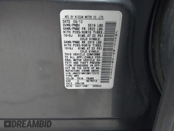 2013 Infiniti FX with VIN JN8CS1MW1DM172570, listed as a IAAI auction lot 42315764 with 135,048 mi miles and . Bid and sale history available at DreamBid. Image 9.