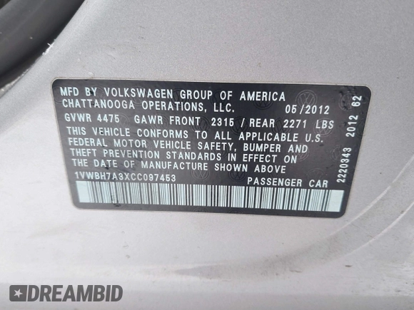 2012 Volkswagen Passat SE с VIN 1VWBH7A3XCC097453, выставлен на аукционе IAAI как лот 41623676 с пробегом 155 721 миль миль и . История ставок и продаж доступна на DreamBid. Изображение 9.