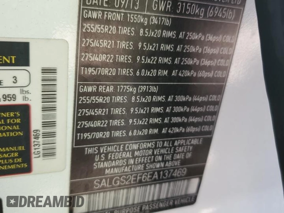 2014 Land Rover Range Rover Supercharged with VIN SALGS2EF6EA137469, listed as a Copart auction lot 55983935 with 137,748 mi miles and Clean Title. Bid and sale history available at DreamBid. Image 12.