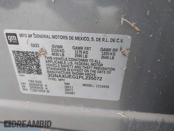 2023 Chevrolet Equinox LT z VIN 3GNAXUEG1PL235072, wystawiony jako IAAI lot #42028596 z przebiegiem Nie podano mil oraz . Historia ofert i sprzedaży dostępna na DreamBid. Obrazek 12.