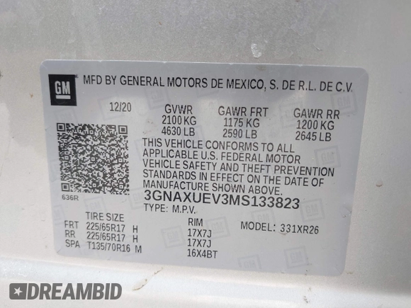 2021 Chevrolet Equinox LT z VIN 3GNAXUEV3MS133823, wystawiony jako IAAI lot #41826494 z przebiegiem 102 361 mil mil oraz . Historia ofert i sprzedaży dostępna na DreamBid. Obrazek 9.