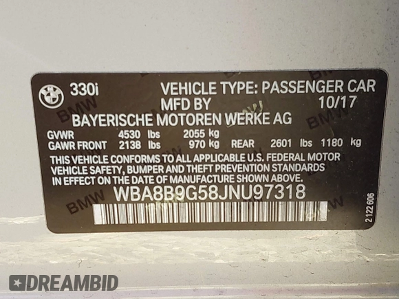 2018 BMW 3 Series 330i with VIN WBA8B9G58JNU97318, listed as a IAAI auction lot 41205434 with 62,582 mi miles and . Bid and sale history available at DreamBid. Image 9.