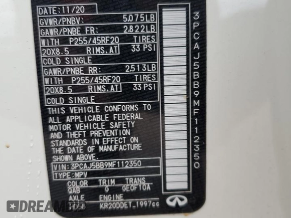 2021 Infiniti QX50 Luxe with VIN 3PCAJ5BB9MF112350, listed as a Copart auction lot 45912815 with 33,802 mi miles and Salvage Title. Bid and sale history available at DreamBid. Image 15.