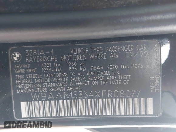 1999 BMW 3 Series 328i with VIN WBAAM5334XFR08077, listed as a IAAI auction lot 41792761 with 165,788 mi miles and . Bid and sale history available at DreamBid. Image 9.