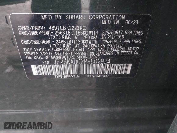 2023 Subaru Forester Premium with VIN JF2SKADC2PH502924, listed as a IAAI auction lot 42688556 with 39,306 mi miles and . Bid and sale history available at DreamBid. Image 9.