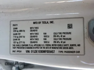 2021 Tesla Model 3 Long Range with VIN 5YJ3E1EB0MF059457, listed as a Copart auction lot 46277945 with 102,367 mi miles and Salvage Title. Bid and sale history available at carsss.com. Image 15.