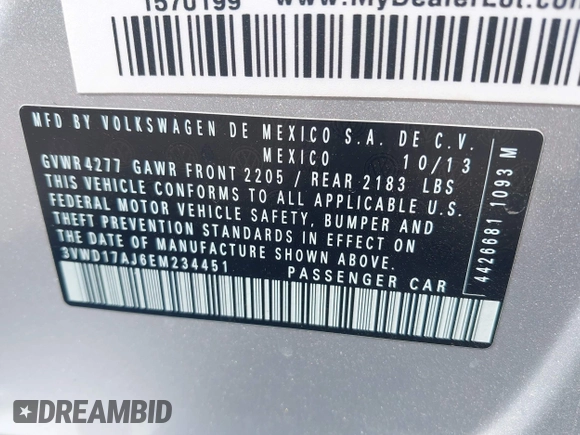 2014 Volkswagen Jetta SE z VIN 3VWD17AJ6EM234451, wystawiony jako IAAI lot #42544809 z przebiegiem 140 009 mil mil oraz . Historia ofert i sprzedaży dostępna na DreamBid. Obrazek 9.