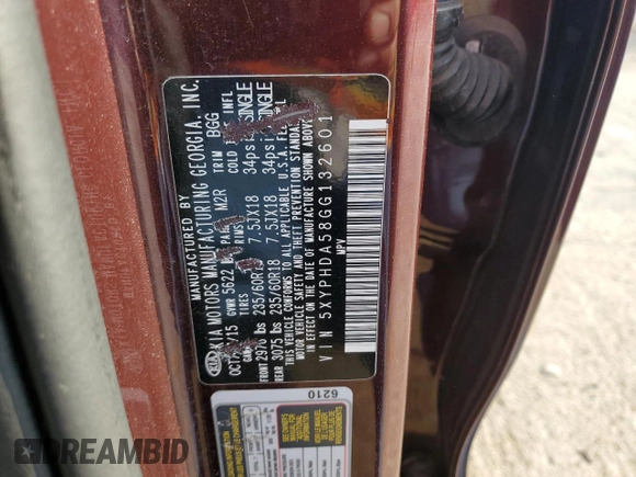 2016 Kia Sorento EX with VIN 5XYPHDA58GG132601, listed as a Copart auction lot 63707145 with 112,987 mi miles and Clean title. Bid and sale history available at DreamBid. Image 12.
