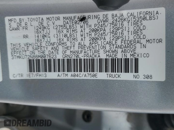 2006 Toyota Tacoma PreRunner with VIN 3TMKU72N86M007623, listed as a Copart auction lot 58655905 with Not provided miles and Salvage title. Bid and sale history available at DreamBid. Image 12.