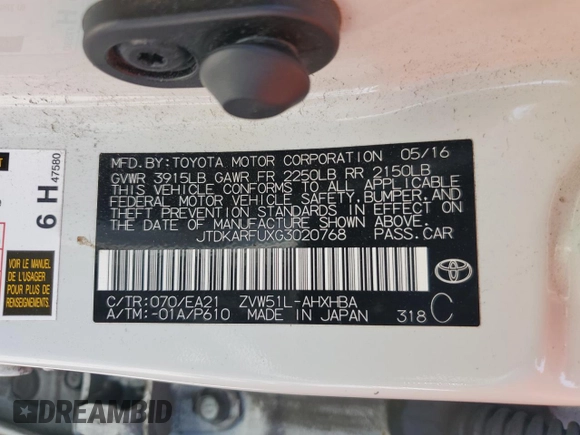 2016 Toyota Prius Four с VIN JTDKARFUXG3020768, выставлен на аукционе Copart как лот 59792815 с пробегом 112 635 миль миль и Списание • Salvage title. История ставок и продаж доступна на DreamBid. Изображение 13.