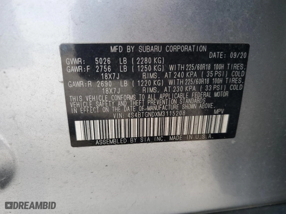 2021 Subaru Outback Limited XT with VIN 4S4BTGNDXM3115208, listed as a Copart auction lot 51760585 with 85,444 mi miles and Non Repairable. Bid and sale history available at carsss.com. Image 14.
