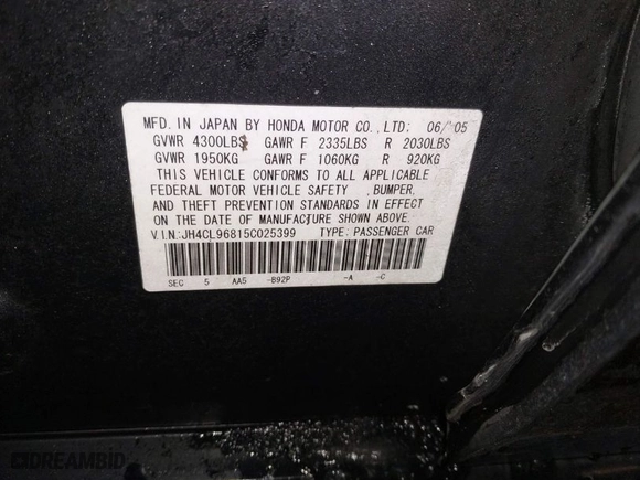 2005 Acura TSX with VIN JH4CL96815C025399, listed as a IAAI auction lot 41560606 with 1 mi miles. Bid and sale history available at carsss.com. Image 9.