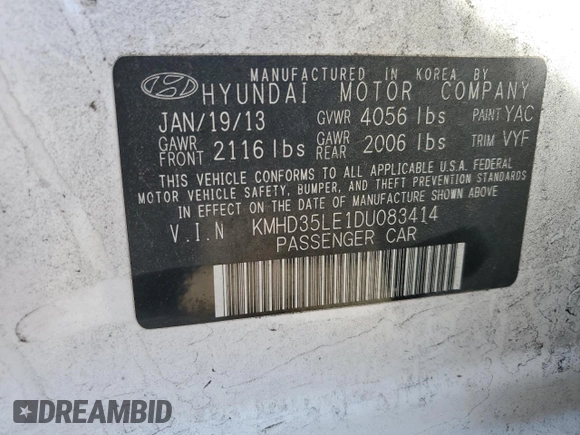 2013 Hyundai Elantra with VIN KMHD35LE1DU083414, listed as a Copart auction lot 79945524 with Not Provided miles and Salvage Title. Bid and sale history available at DreamBid. Image 12.