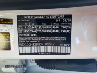 2019 Mercedes-Benz GLC with VIN WDC0G4KB0KV180047, listed as a Copart auction lot 61835712 with 67,235 mi miles. Bid and sale history available at carsss.com. Image 10.
