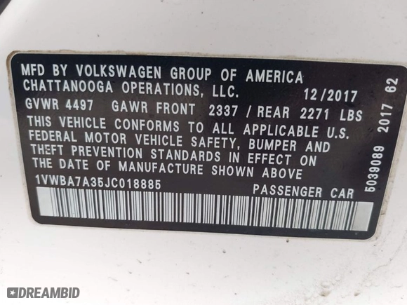 2018 Volkswagen Passat 2.0T SE with VIN 1VWBA7A35JC018885, listed as a IAAI auction lot 41955324 with 107,046 mi miles. Bid and sale history available at carsss.com. Image 9.