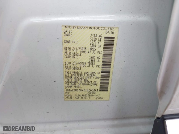 2016 Nissan Murano S with VIN 5N1AZ2MG7GN135661, listed as a IAAI auction lot 41886263 with 96,105 mi miles. Bid and sale history available at carsss.com. Image 9.