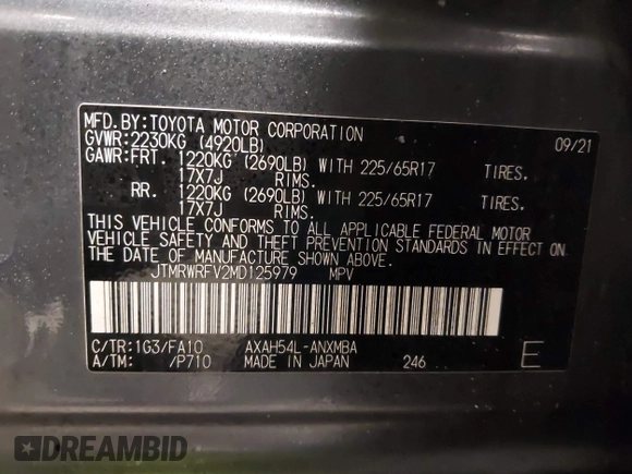 2021 Toyota RAV4 Hybrid XLE with VIN JTMRWRFV2MD125979, listed as a IAAI auction lot 41686695 with 79,737 mi miles. Bid and sale history available at carsss.com. Image 9.