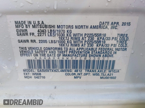 2015 Mitsubishi Outlander Sport 2.4 GT with VIN 4A4AR4AWXFE033631, listed as a IAAI auction lot 41830291 with 115,920 mi miles. Bid and sale history available at carsss.com. Image 9.