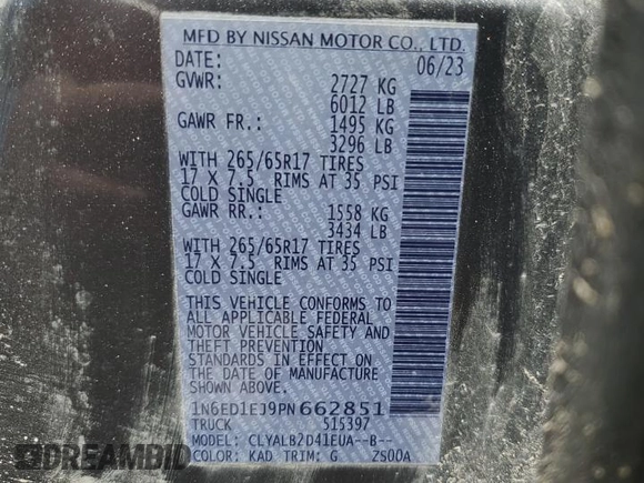 2023 Nissan Frontier SV with VIN 1N6ED1EJ9PN662851, listed as a Copart auction lot 52243205 with 48,708 mi miles and Salvage title. Bid and sale history available at DreamBid. Image 14.