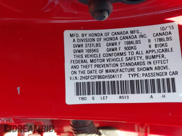 2016 Honda Civic Sedan EX with VIN 2HGFC2F86GH504117, listed as a IAAI auction lot 41935116 with 147,848 mi miles. Bid and sale history available at carsss.com. Image 9.