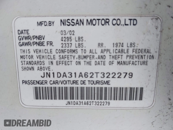 2002 Nissan Maxima GLE с VIN JN1DA31A62T322279, выставлен на аукционе IAAI как лот 42468817 с пробегом Не указан миль и . История ставок и продаж доступна на DreamBid. Изображение 9.