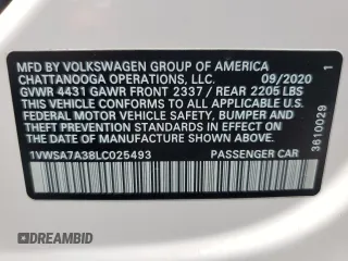 2020 Volkswagen Passat SE z VIN 1VWSA7A38LC025493, wystawiony jako Copart lot #60131125 z przebiegiem 45 060 mil mil oraz Szkoda całkowita • Salvage title. Historia ofert i sprzedaży dostępna na DreamBid. Obrazek 12.