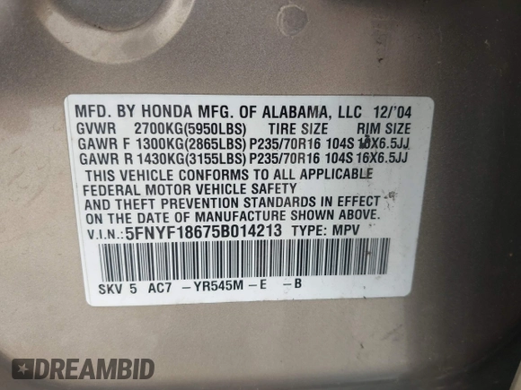 2005 Honda Pilot EX-L z VIN 5FNYF18675B014213, wystawiony jako IAAI lot #42345259 z przebiegiem 244 510 mil mil oraz . Historia ofert i sprzedaży dostępna na DreamBid. Obrazek 9.