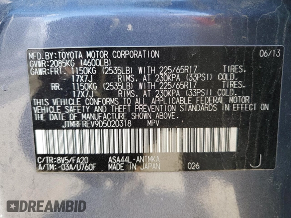 2013 Toyota RAV4 XLE with VIN JTMRFREV9D5020318, listed as a Copart auction lot 46440375 with 209,491 mi miles and Salvage Title. Bid and sale history available at carsss.com. Image 13.