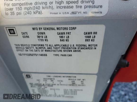 1996 Chevrolet Corvette with VIN 1G1YY2252T5114033, listed as a Copart auction lot 80064714 with Not provided miles and Salvage title. Bid and sale history available at DreamBid. Image 13.
