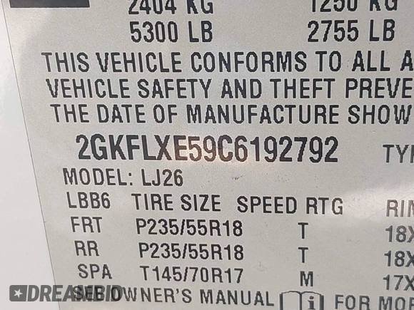 2012 GMC Terrain SLT-2 with VIN 2GKFLXE59C6192792, listed as a IAAI auction lot 42388331 with 145,792 mi miles and . Bid and sale history available at DreamBid. Image 9.