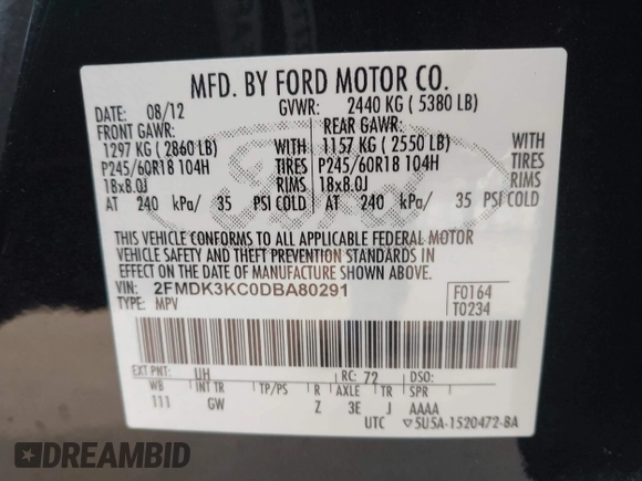 2013 Ford Edge Limited с VIN 2FMDK3KC0DBA80291, выставлен на аукционе IAAI как лот 42200627 с пробегом 90 597 миль миль и . История ставок и продаж доступна на DreamBid. Изображение 9.