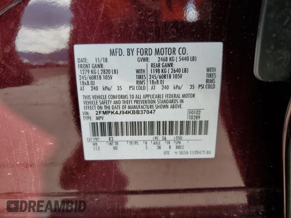 2019 Ford Edge SEL with VIN 2FMPK4J94KBB37047, listed as a Copart auction lot 57286645 with 45,151 mi miles and Salvage title. Bid and sale history available at DreamBid. Image 14.