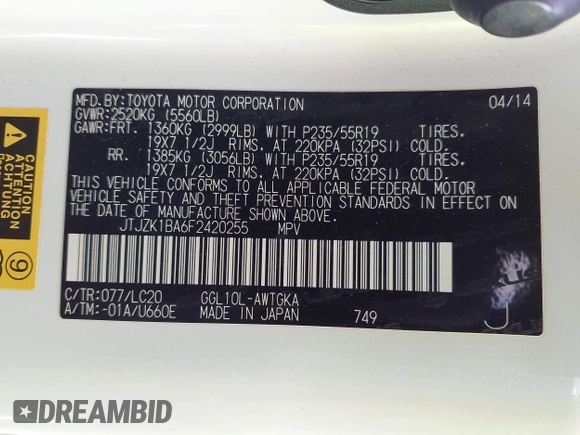 2015 Lexus RX 350 with VIN JTJZK1BA6F2420255, listed as a IAAI auction lot 42533904 with 74,984 mi miles and . Bid and sale history available at DreamBid. Image 9.