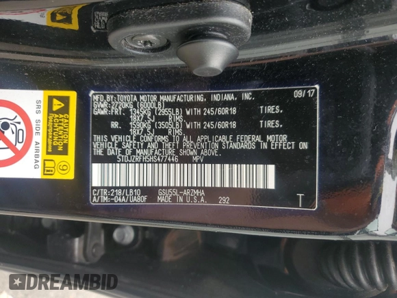 2017 Toyota Highlander XLE with VIN 5TDJZRFH5HS477446, listed as a Copart auction lot 60132215 with 58,830 mi miles and Salvage title. Bid and sale history available at DreamBid. Image 13.