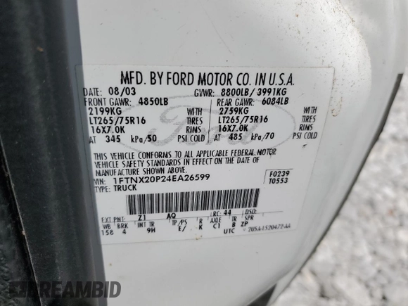 2004 Ford F-250 XL z VIN 1FTNX20P24EA26599, wystawiony jako Copart lot #56707985 z przebiegiem 165 292 mil mil oraz Szkoda całkowita • Salvage title. Historia ofert i sprzedaży dostępna na DreamBid. Obrazek 12.