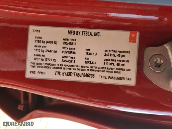 2018 Tesla Model 3 Long Range Battery with VIN 5YJ3E1EA5JF046206, listed as a Copart auction lot 45583725 with 78,083 mi miles and Salvage Title. Bid and sale history available at carsss.com. Image 14.