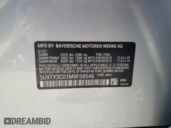 2021 BMW X3 sDrive30i z VIN 5UXTY3C01M9F59546, wystawiony jako Copart lot #51930365 z przebiegiem 155 537 mil mil oraz Czysty tytuł • Clean title. Historia ofert i sprzedaży dostępna na DreamBid. Obrazek 13.
