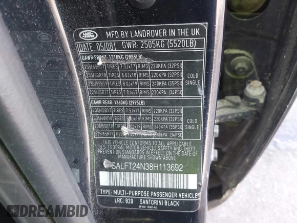 2008 Land Rover LR2 HSE with VIN SALFT24N38H113692, listed as a IAAI auction lot 41928312 with 180,837 mi miles and . Bid and sale history available at DreamBid. Image 9.