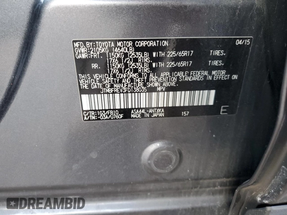 2015 Toyota RAV4 LE with VIN JTMBFREV3FD138035, listed as a Copart auction lot 88020685 with 83,449 mi miles and Salvage Title. Bid and sale history available at DreamBid. Image 13.