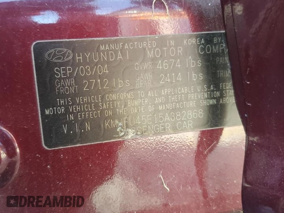 2005 Hyundai XG z VIN KMHFU45E15A382868, wystawiony jako Copart lot #74253334 z przebiegiem 99 314 mil mil oraz Szkody całkowita. Historia ofert i sprzedaży dostępna na DreamBid. Obrazek 12.