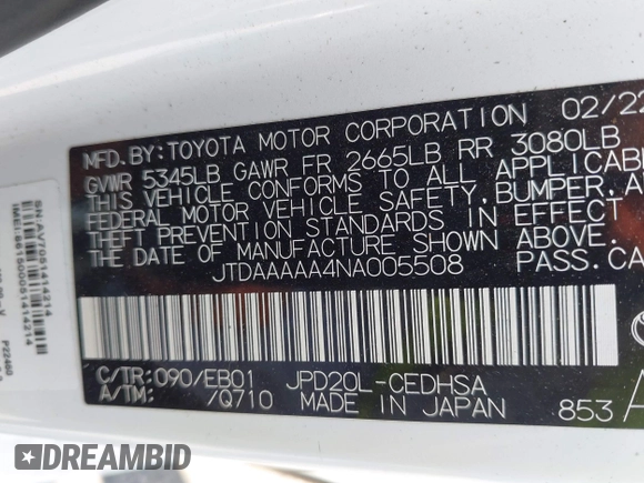 2022 Toyota Mirai XLE с VIN JTDAAAAA4NA005508, выставлен на аукционе IAAI как лот 42497748 с пробегом 29 745 миль миль и . История ставок и продаж доступна на DreamBid. Изображение 9.