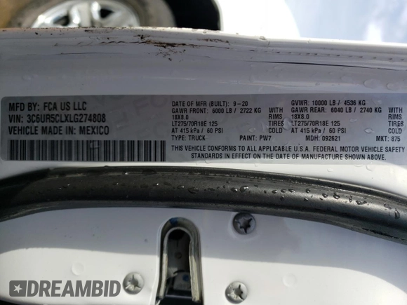 2020 Ram 2500 Tradesman with VIN 3C6UR5CLXLG274808, listed as a Copart auction lot 45414665 with 78,642 mi miles and Salvage Title. Bid and sale history available at carsss.com. Image 13.