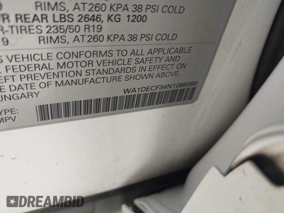 2022 Audi Q3 S line Premium z VIN WA1DECF34N1086088, wystawiony jako IAAI lot #42102694 z przebiegiem 81 530 mil mil oraz . Historia ofert i sprzedaży dostępna na DreamBid. Obrazek 9.