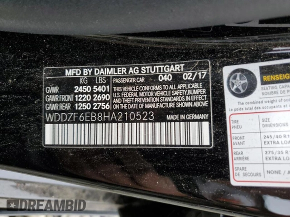 2017 Mercedes-Benz E-Class AMG E 43 with VIN WDDZF6EB8HA210523, listed as a Copart auction lot 59871562 with 55,851 mi miles. Bid and sale history available at carsss.com. Image 10.