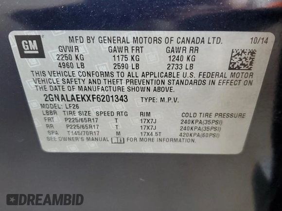 2015 Chevrolet Equinox LS z VIN 2GNALAEKXF6201343, wystawiony jako Copart lot #54275245 z przebiegiem 177 518 mil mil oraz Szkoda całkowita • Salvage title. Historia ofert i sprzedaży dostępna na DreamBid. Obrazek 13.