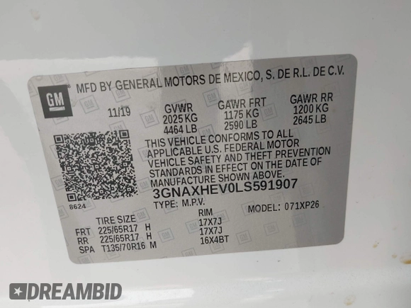 2020 Chevrolet Equinox LS with VIN 3GNAXHEV0LS591907, listed as a IAAI auction lot 41834530 with 81,093 mi miles and . Bid and sale history available at DreamBid. Image 9.