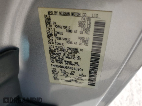 2005 Nissan Titan SE with VIN 1N6BA06B65N548901, listed as a Copart auction lot 82134924 with 167,374 mi miles and Clean title. Bid and sale history available at DreamBid. Image 12.